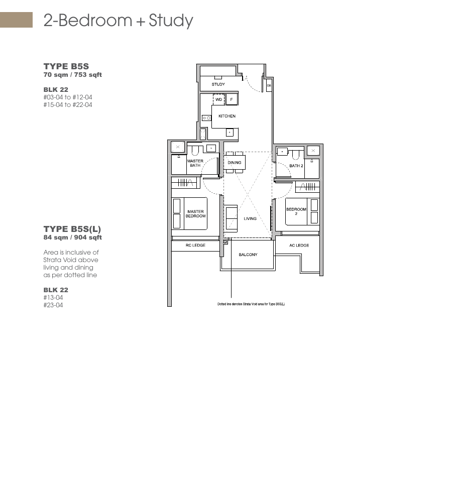 2 Bedroom + Study floor plan Types B5S