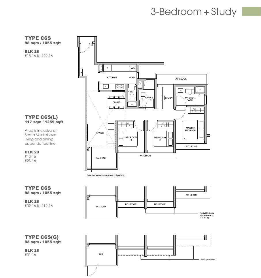 3 Bedroom + Study floor plan Types C6S